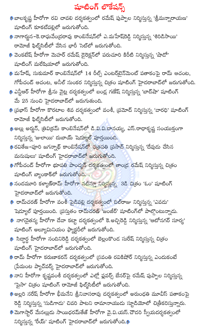 balakrishna in srimannarayana shooting,nagarjuna in shirdi sai shooting,venkatesh in shadow shooting,mahesh in sukumar movie shooting,ntr in badshah shooting,nagachaitanya in autonagar surya shooting,ramcharan in janjeer shooting  balakrishna in srimannarayana shooting, nagarjuna in shirdi sai shooting, venkatesh in shadow shooting, mahesh in sukumar movie shooting, ntr in badshah shooting, nagachaitanya in autonagar surya shooting, ramcharan in janjeer shooting